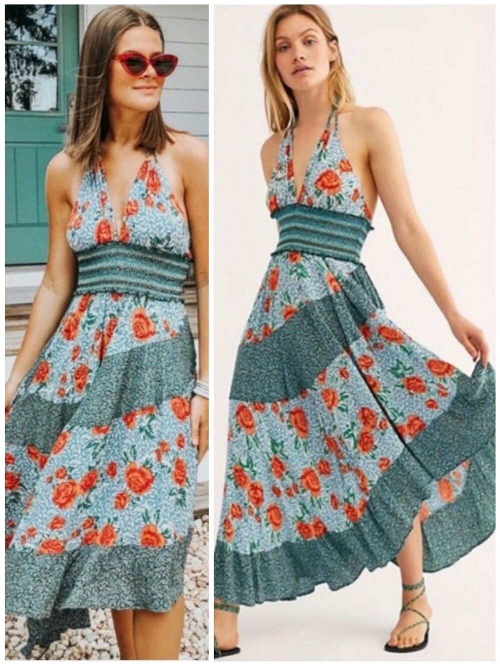 Free People Asymmetric Colorful Teal Orange Floral Halter Dress, S